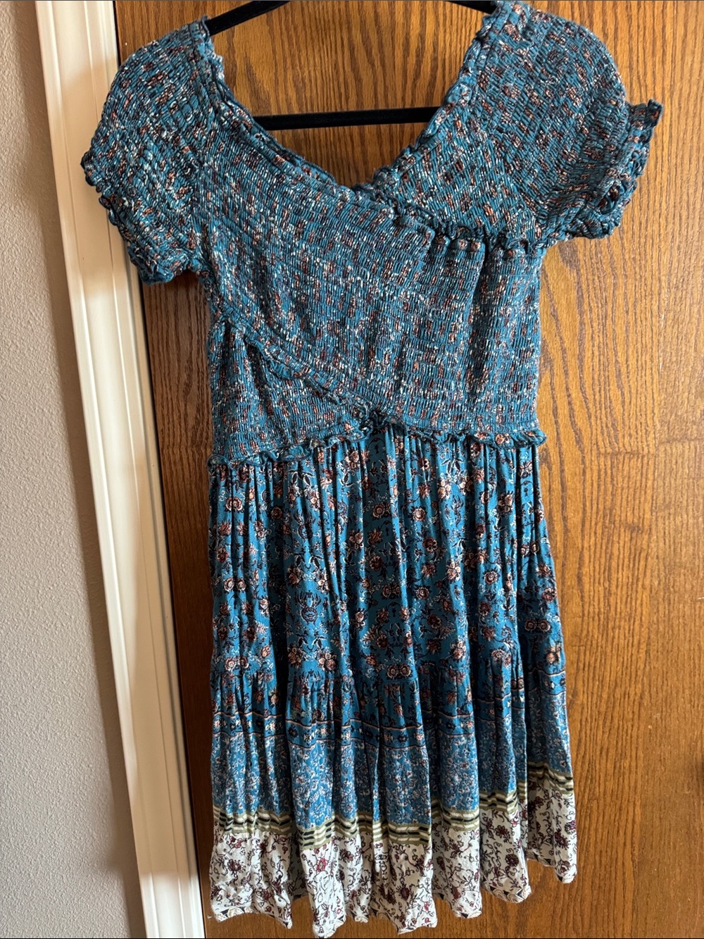 Angie Teal Blue Floral Smocked Dress